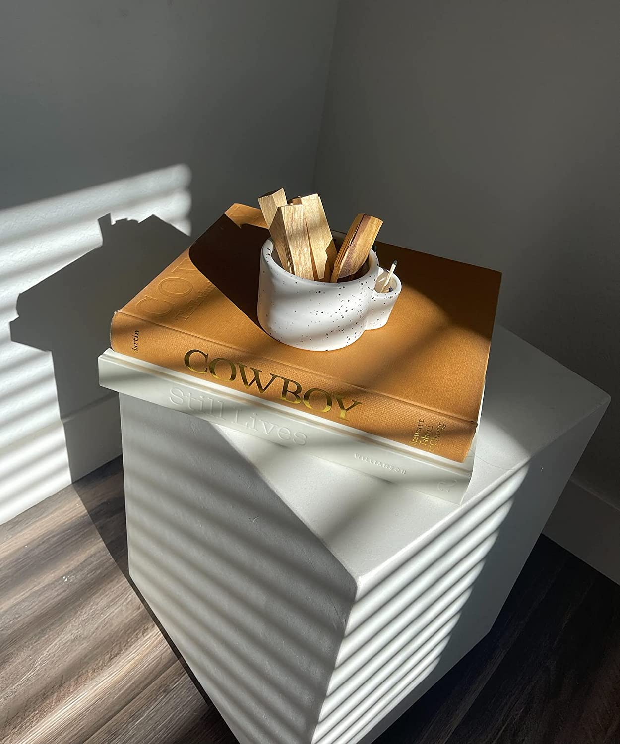 Small white ceramic bowl with wooden sticks on a book titled 'Cowboy' on a white surface.