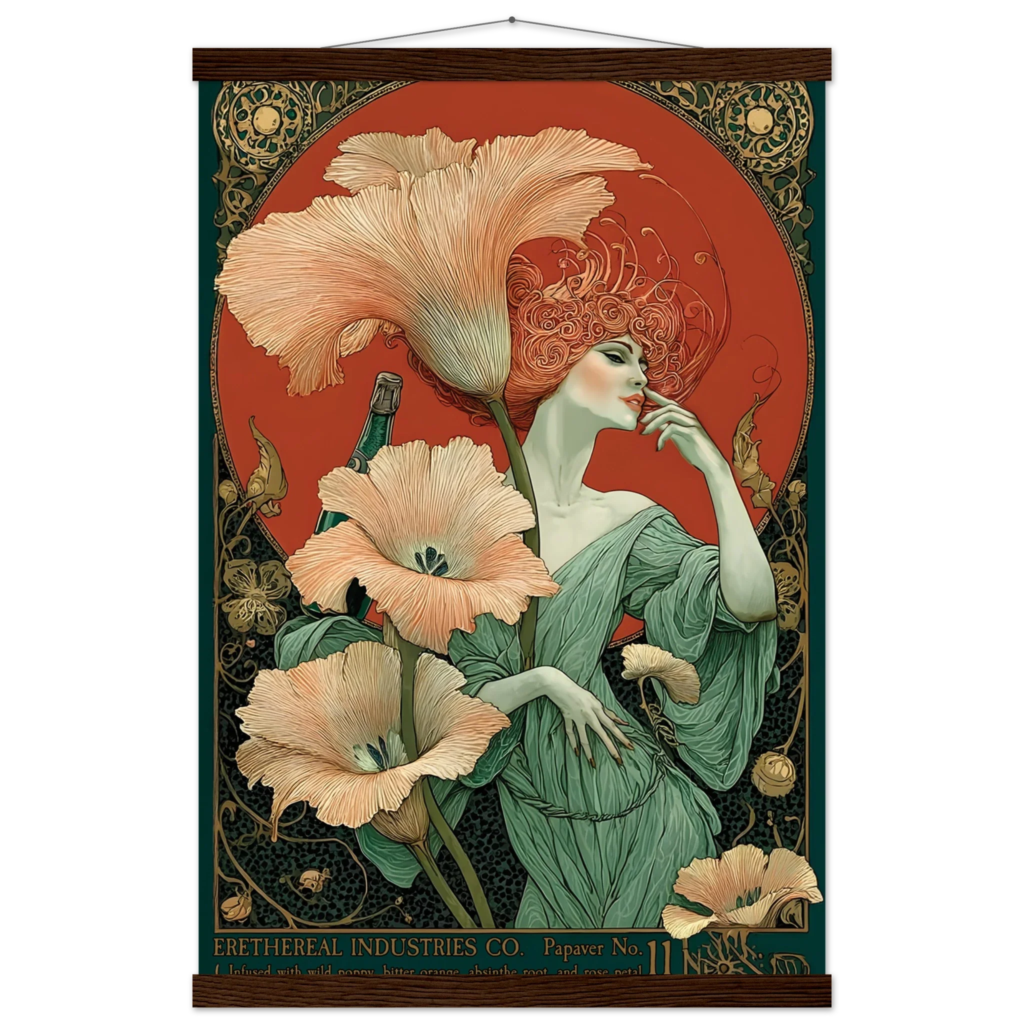 Art Nouveau-style poster with a woman and flowers on a red background