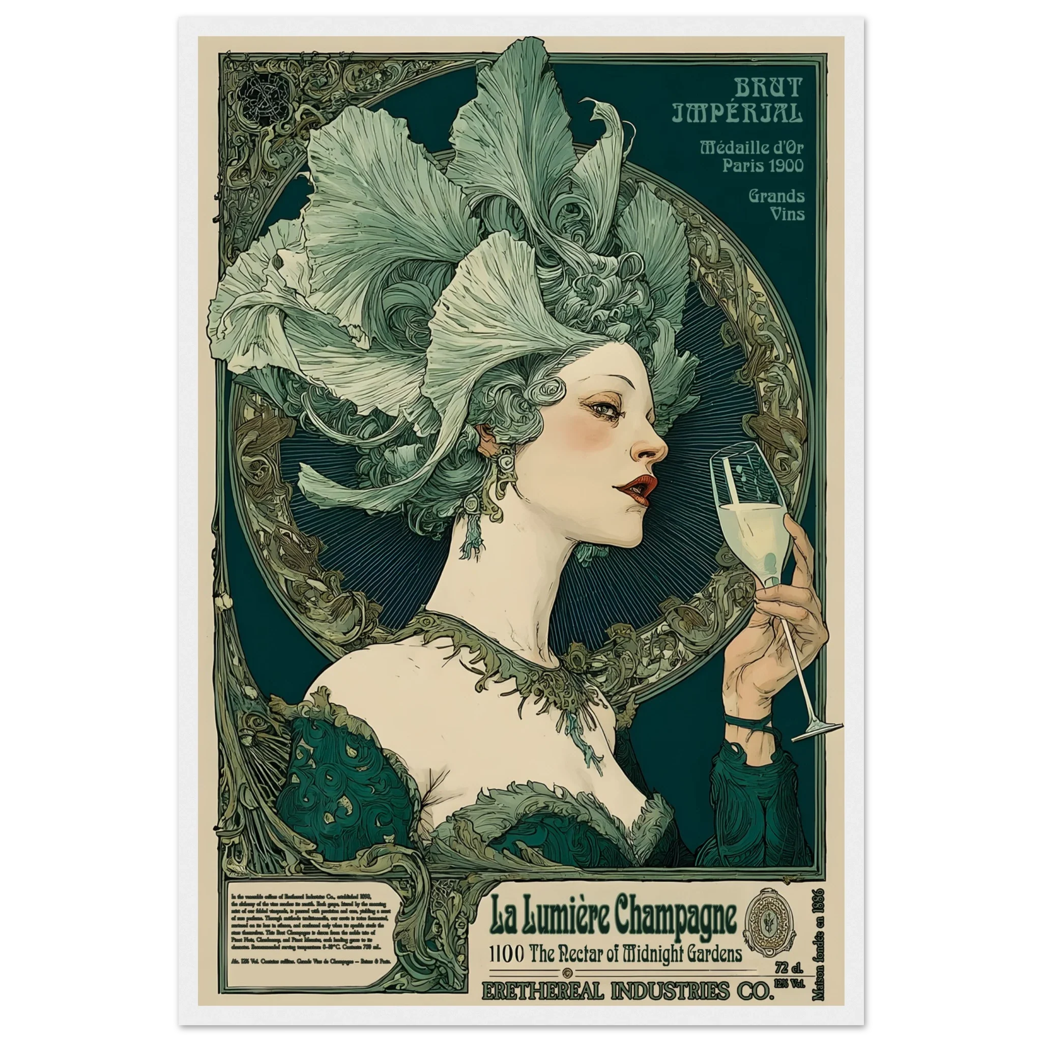 Vintage-style poster of a woman with an elaborate headdress holding a champagne glass, with decorative text and design elements.