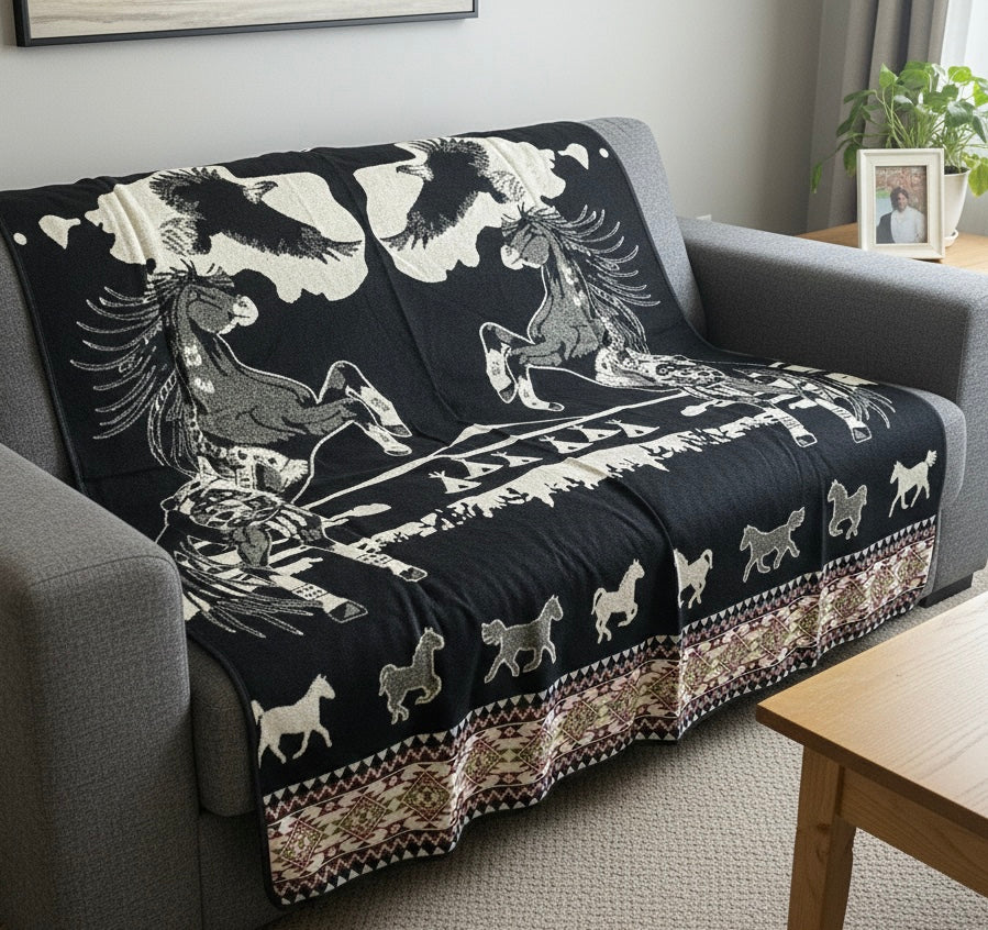 Old Tribes Horse Spirits Alpaca Blanket – Black – Queen Size Southwestern Blanket
