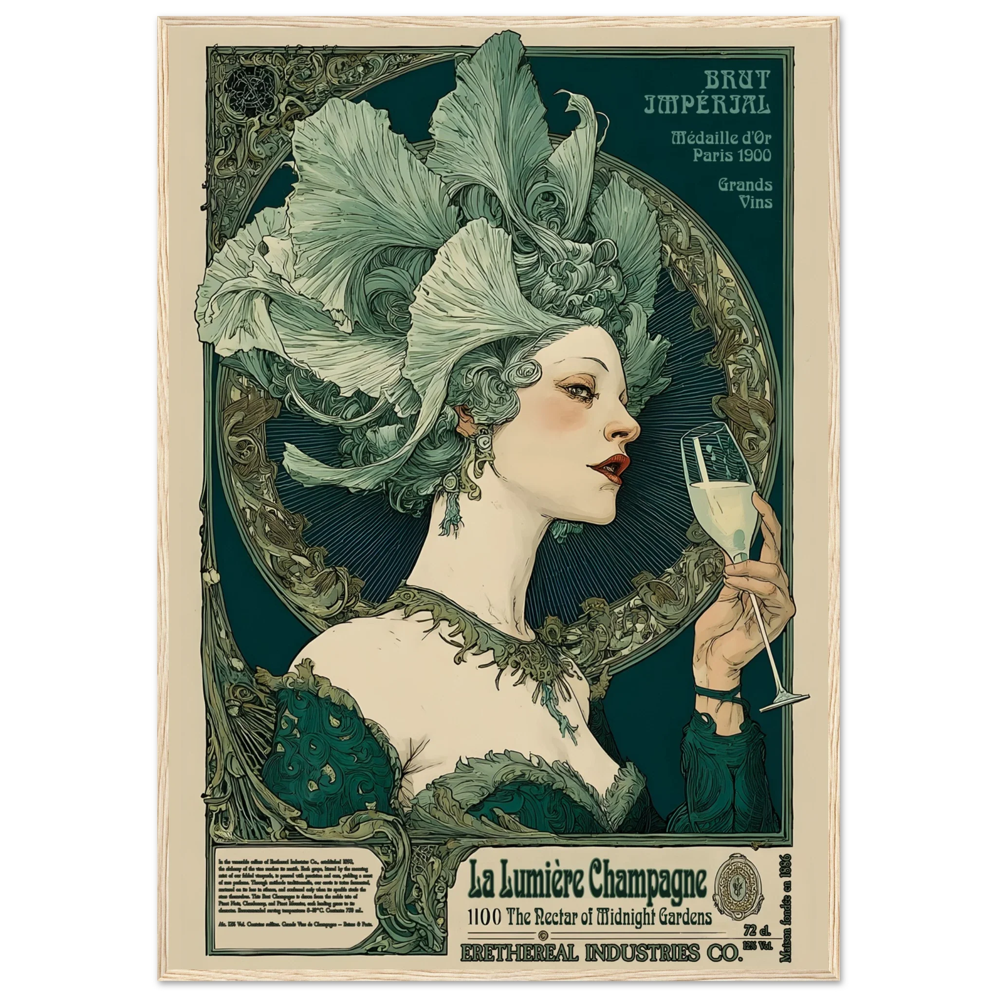 Vintage-style poster of a woman with an elaborate headdress holding a champagne glass, with text and decorative elements.