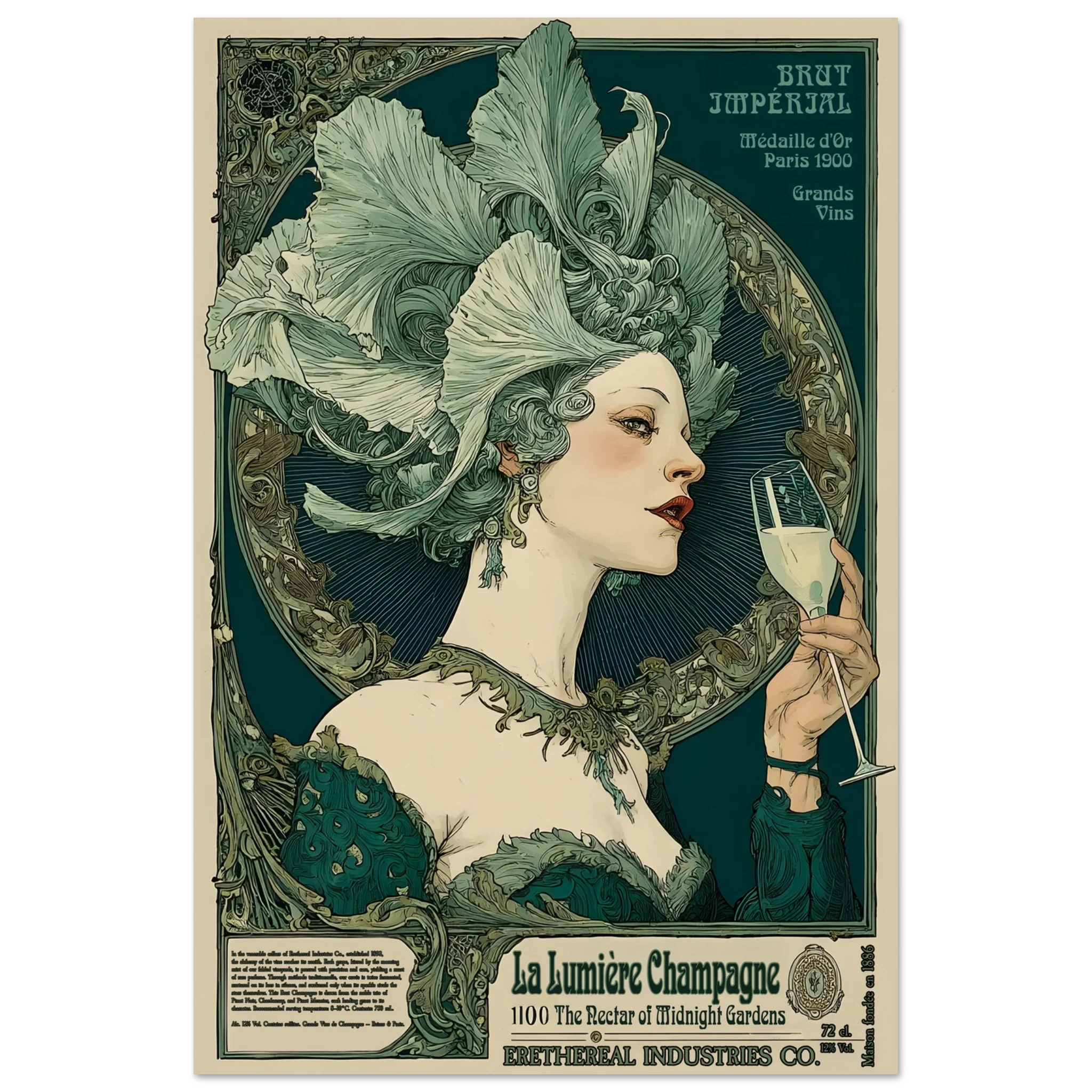 Vintage-style poster of a woman with elaborate headpiece holding a champagne glass, with decorative text and design elements.