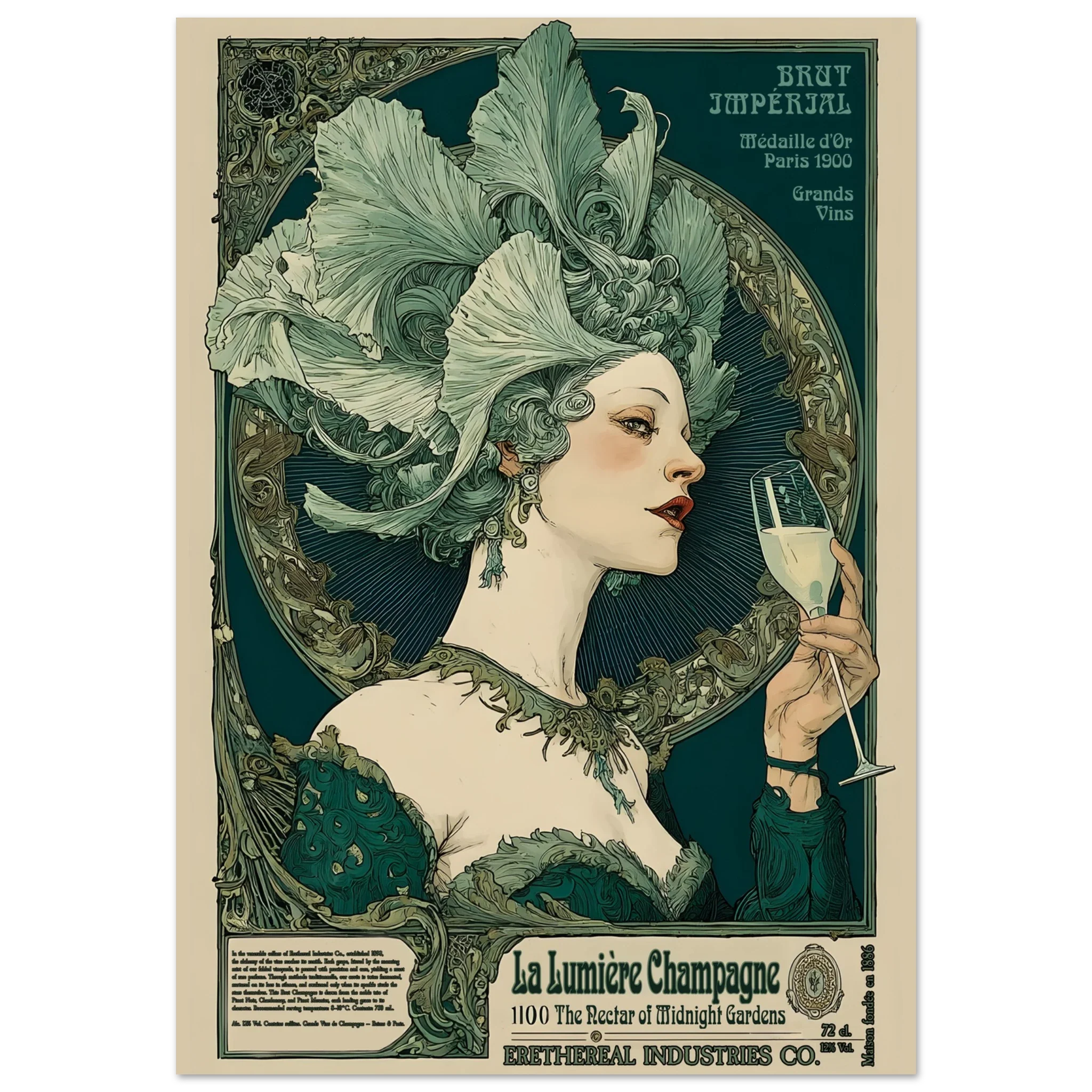 Vintage-style advertisement poster featuring a woman with a decorative headpiece holding a champagne glass.