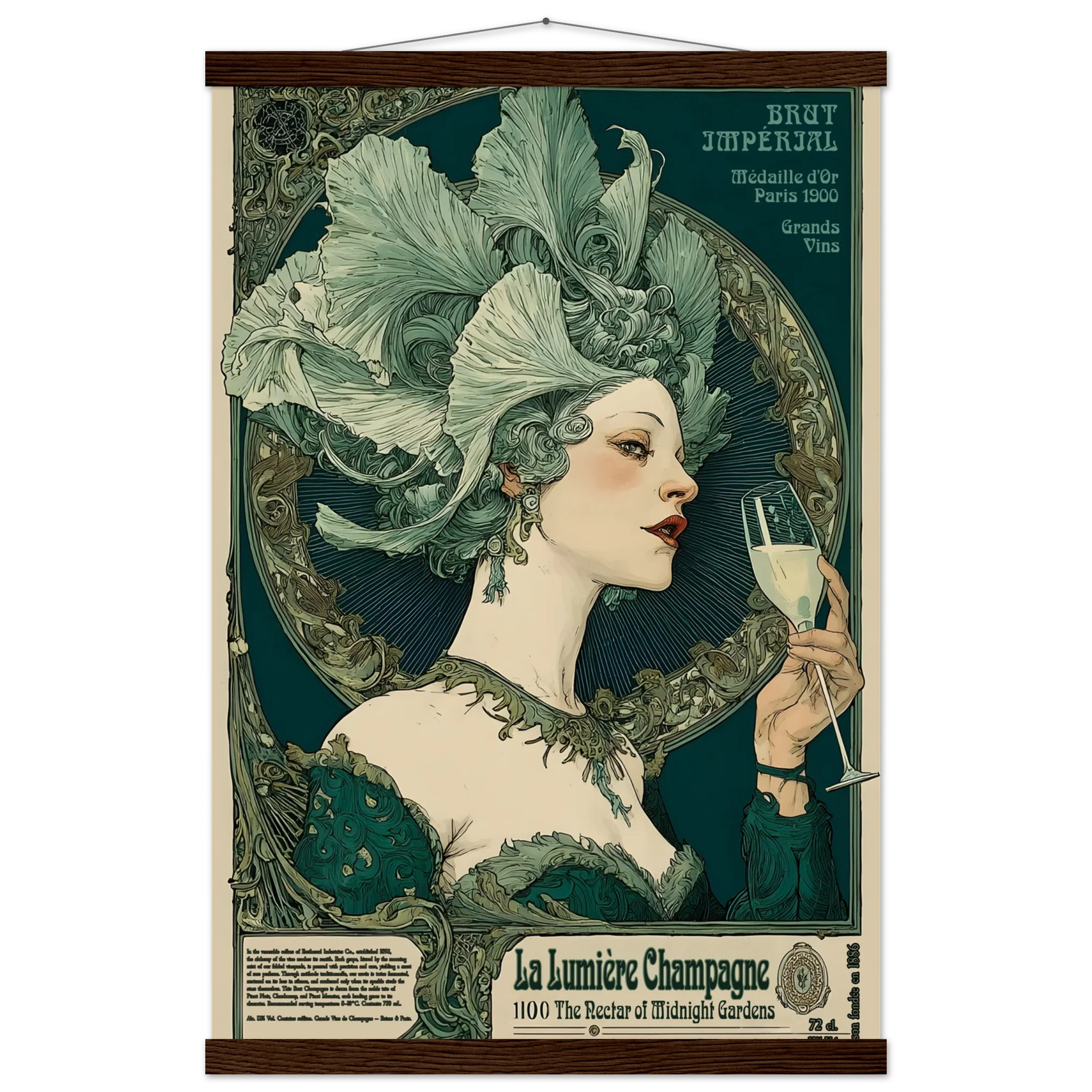 Vintage-style poster of a woman with decorative elements and a champagne glass.