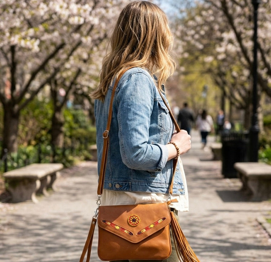OldTribes a woman in a denim jacket stands on a park path wearing a tan leather crossbody bag with a flap front, decorative bead accents, and a long tassel strap.