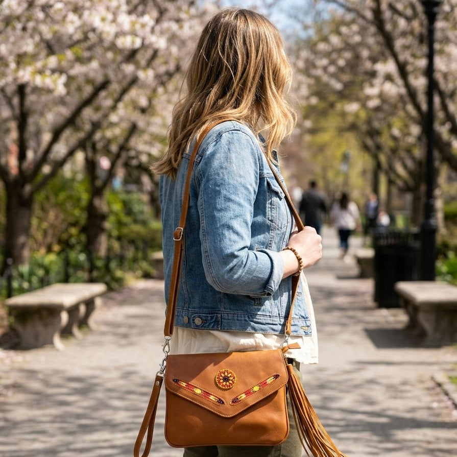 OldTribes a woman in a denim jacket stands on a park path wearing a tan leather crossbody bag with a flap front, decorative bead accents, and a long tassel strap.