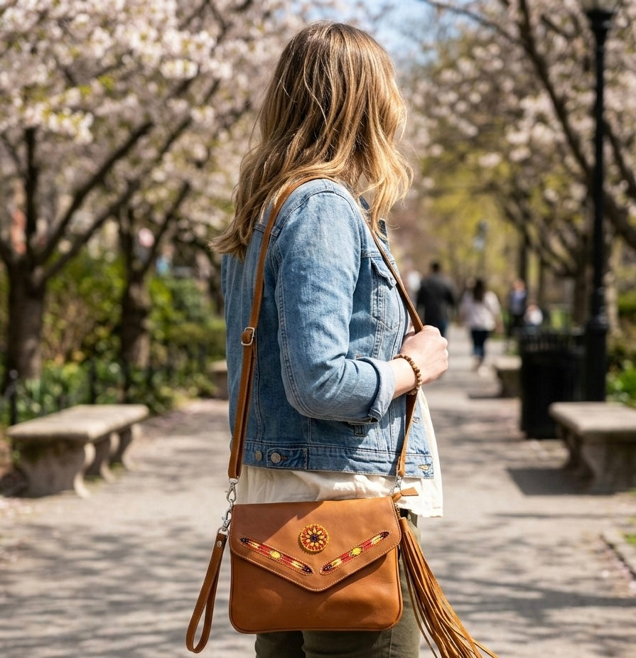 OldTribes a woman in a denim jacket stands on a park path wearing a tan leather crossbody bag with a flap front, decorative bead accents, and a long tassel strap.