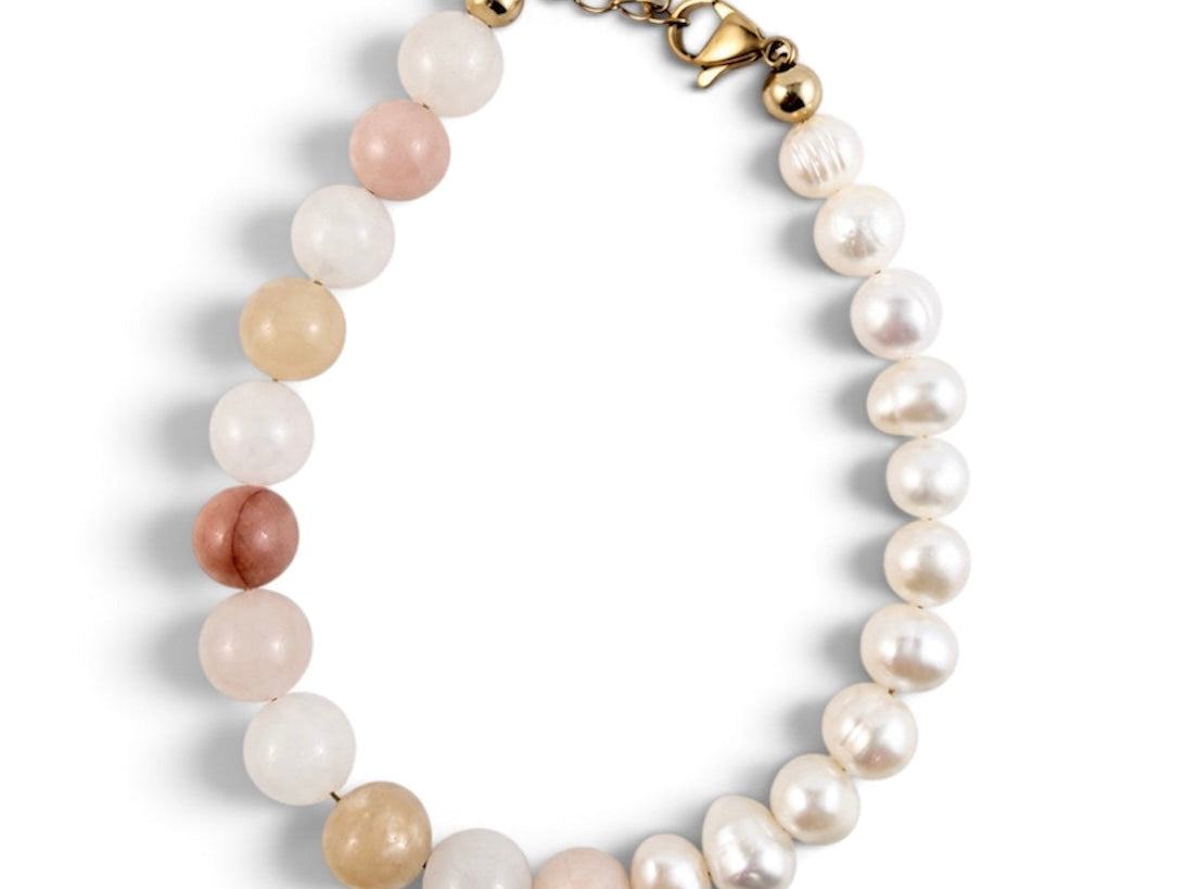 Peaches and Cream Peach aventurine and Freshwater pearl bracelet from Six N Stone with gold coloured clasp