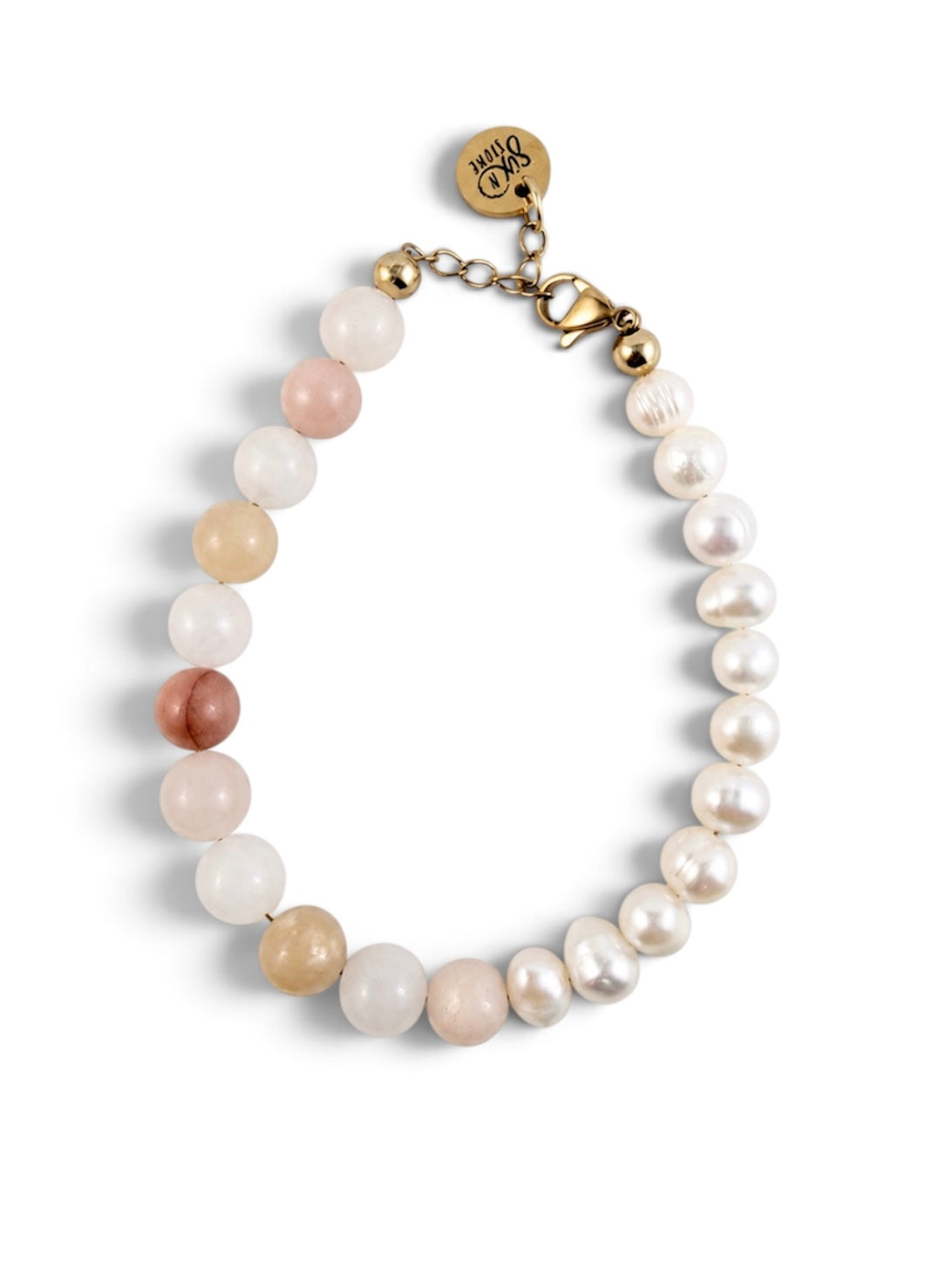 Peaches and Cream Peach aventurine and Freshwater pearl bracelet from Six N Stone with gold coloured clasp