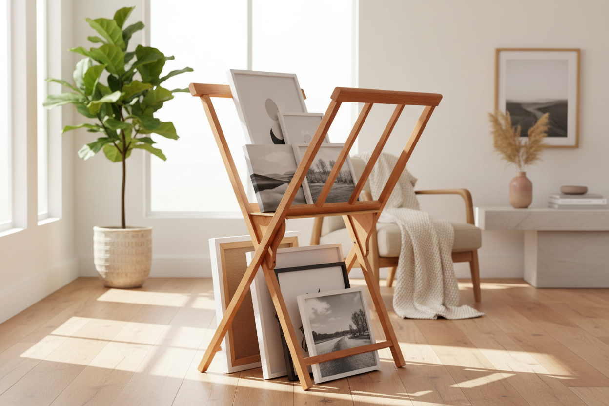 Wooden picture stand with framed photos in a bright room with a plant and chair.