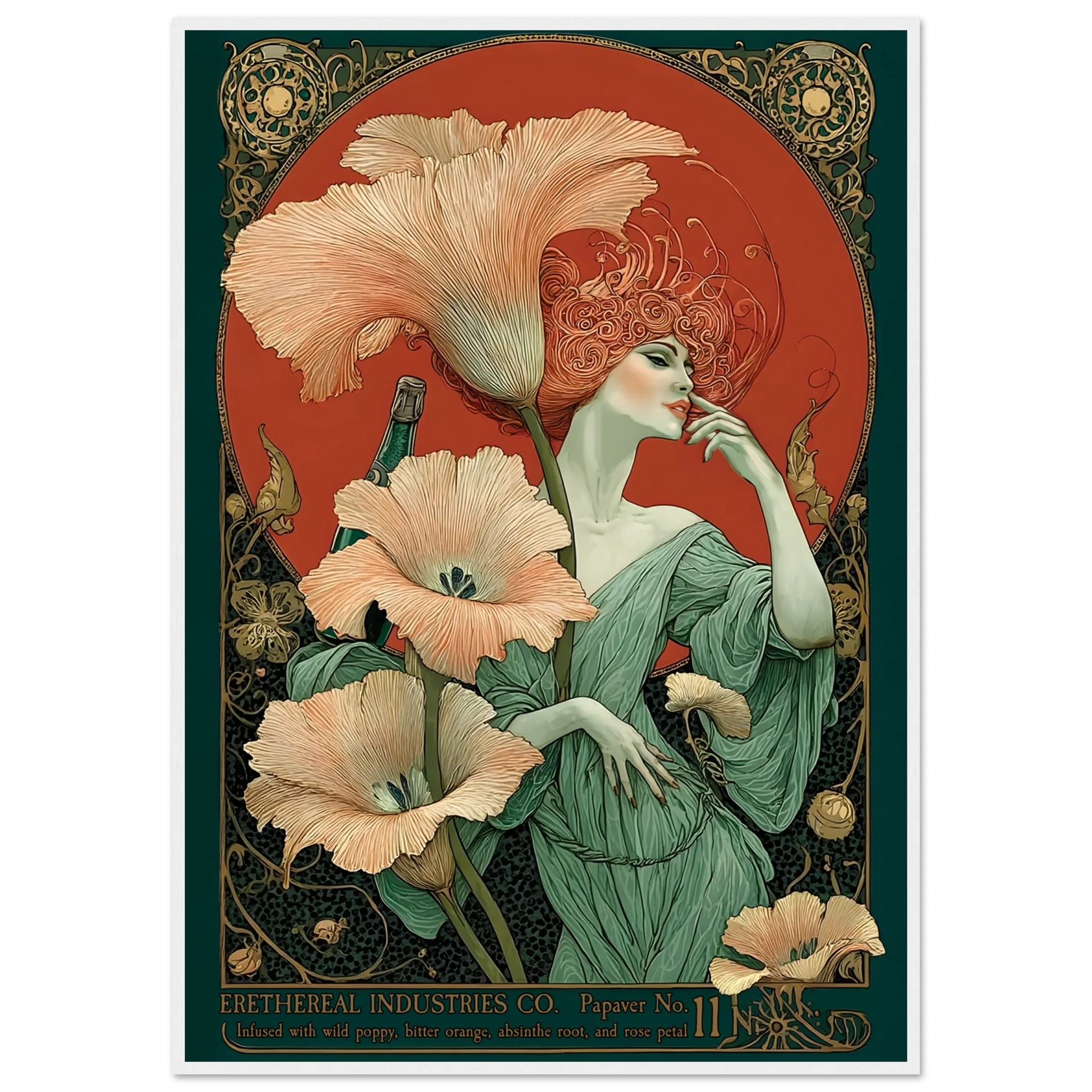 Art Nouveau-style poster with a woman and flowers, featuring intricate designs and a red background.