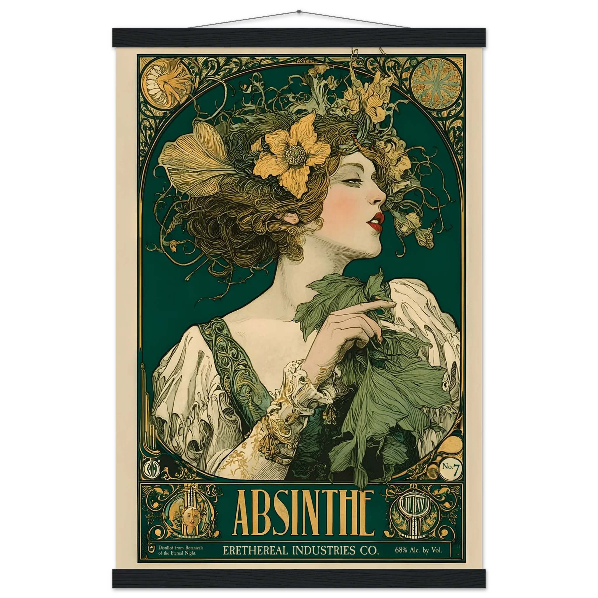 Vintage-style Absinthe poster with a woman's portrait and floral elements.