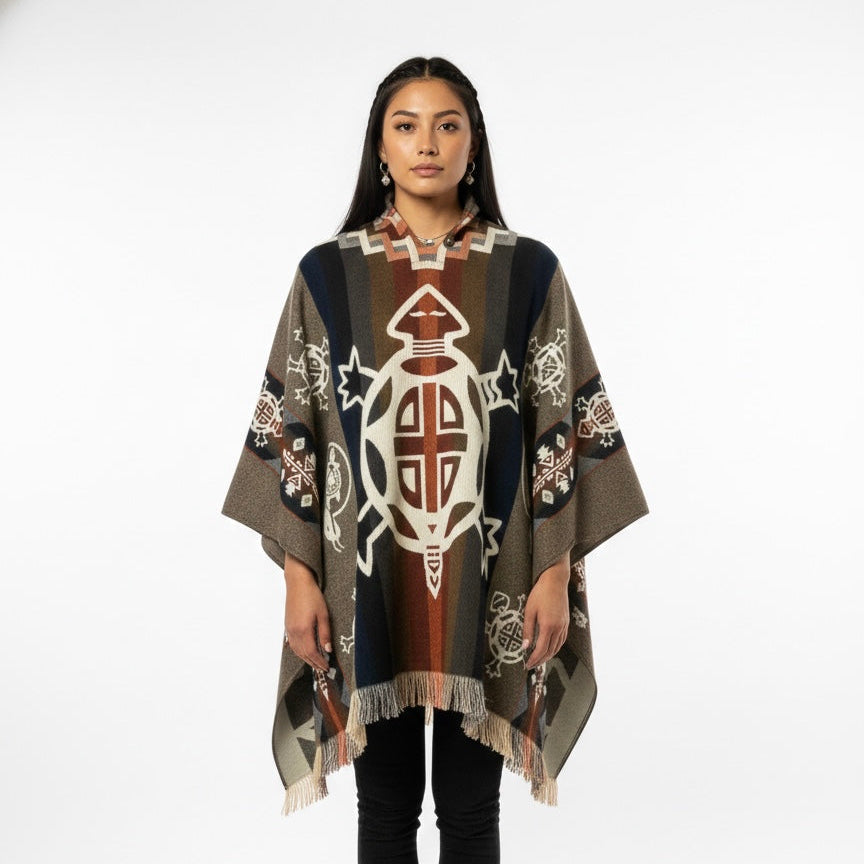 A woman modeling a large woven poncho with a prominent central turtle design and geometric patterns in brown, beige, white, and navy, set against a plain white studio background.