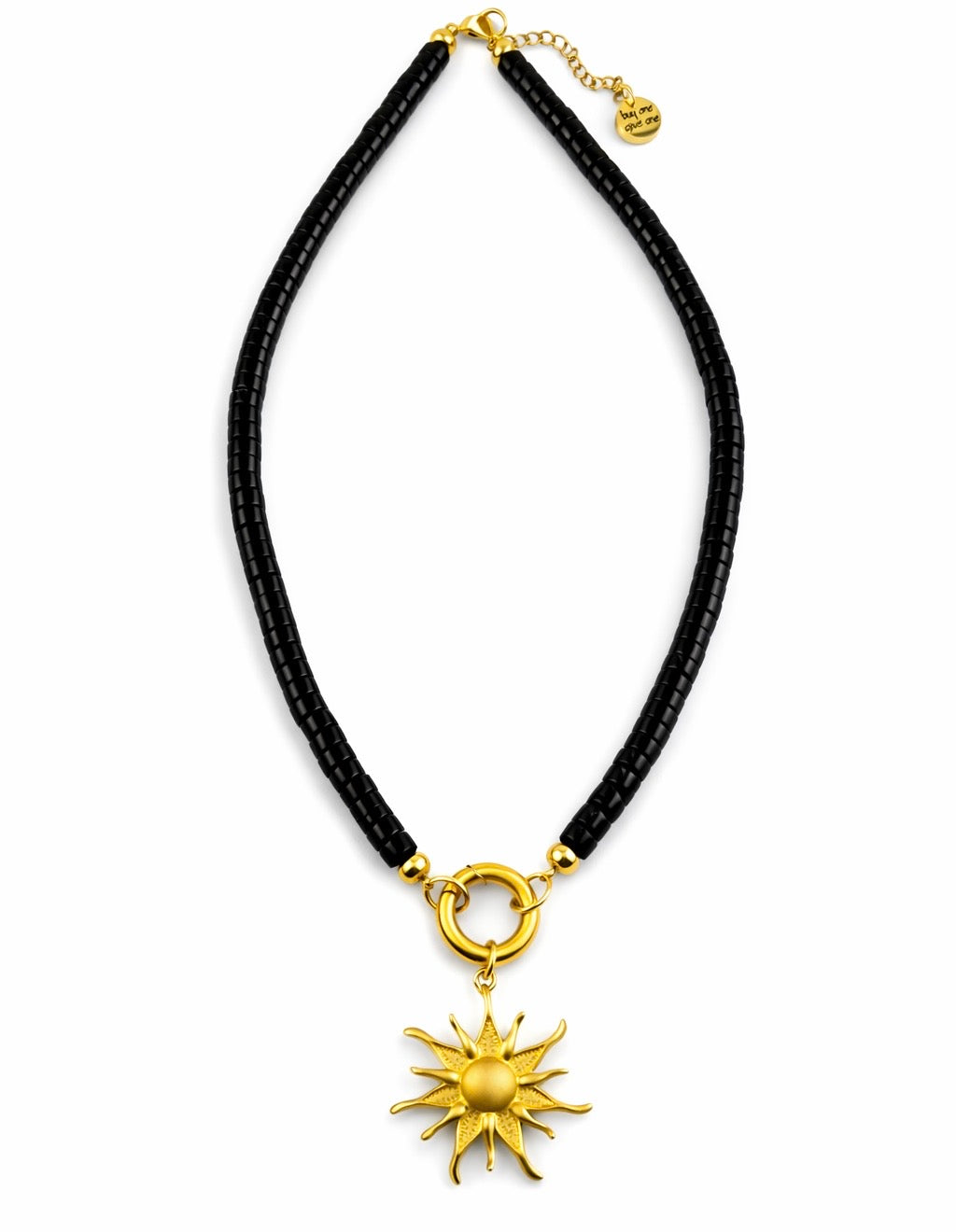 Moonrise Necklace - Onyx with a gold sun pendant on a white background