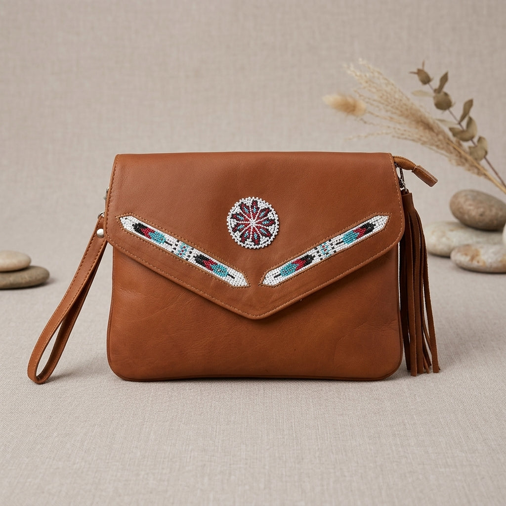 OldTribes A brown leather envelope-style handbag with a wrist strap, tassel detail, and colorful beaded geometric accents on the front flap, displayed on a neutral textured beige surface with decorative stones and dried grass in the background.