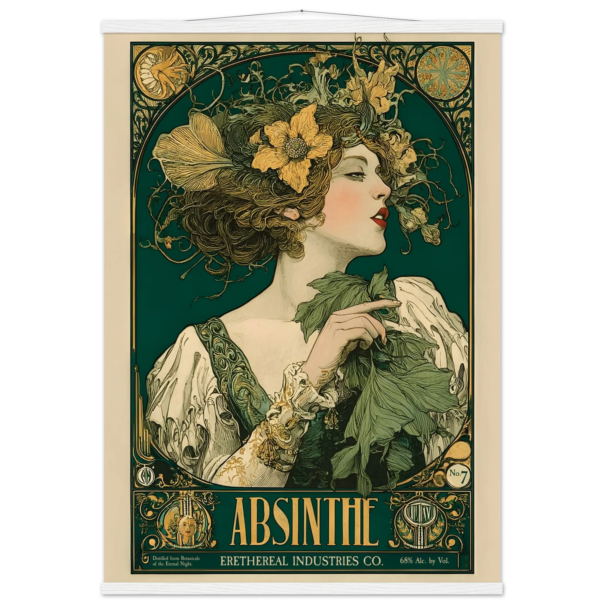 Vintage-style Absinthe advertisement poster with a woman and floral elements.