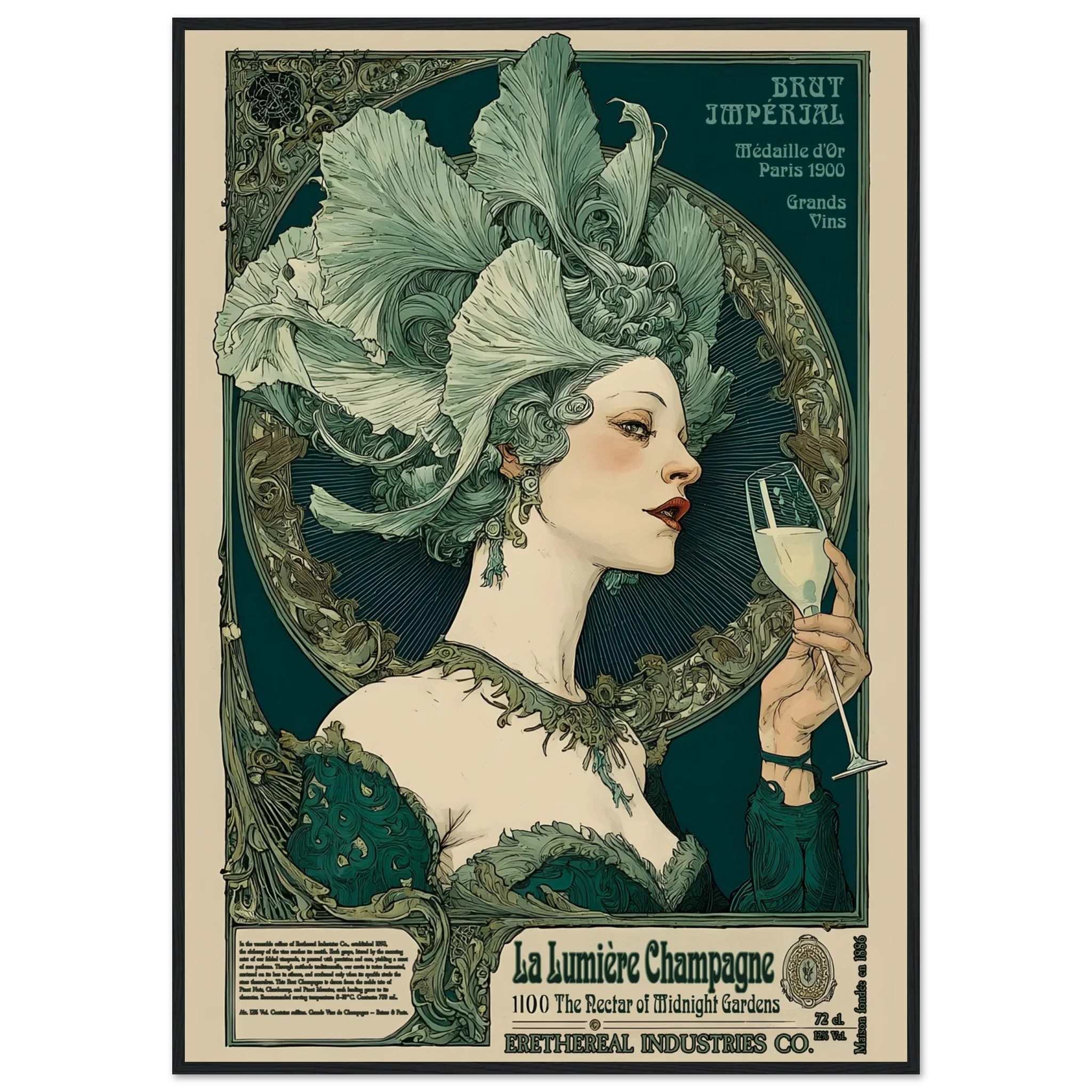 Vintage-style poster of a woman with an elaborate headdress holding a glass of champagne, with text and decorative elements.
