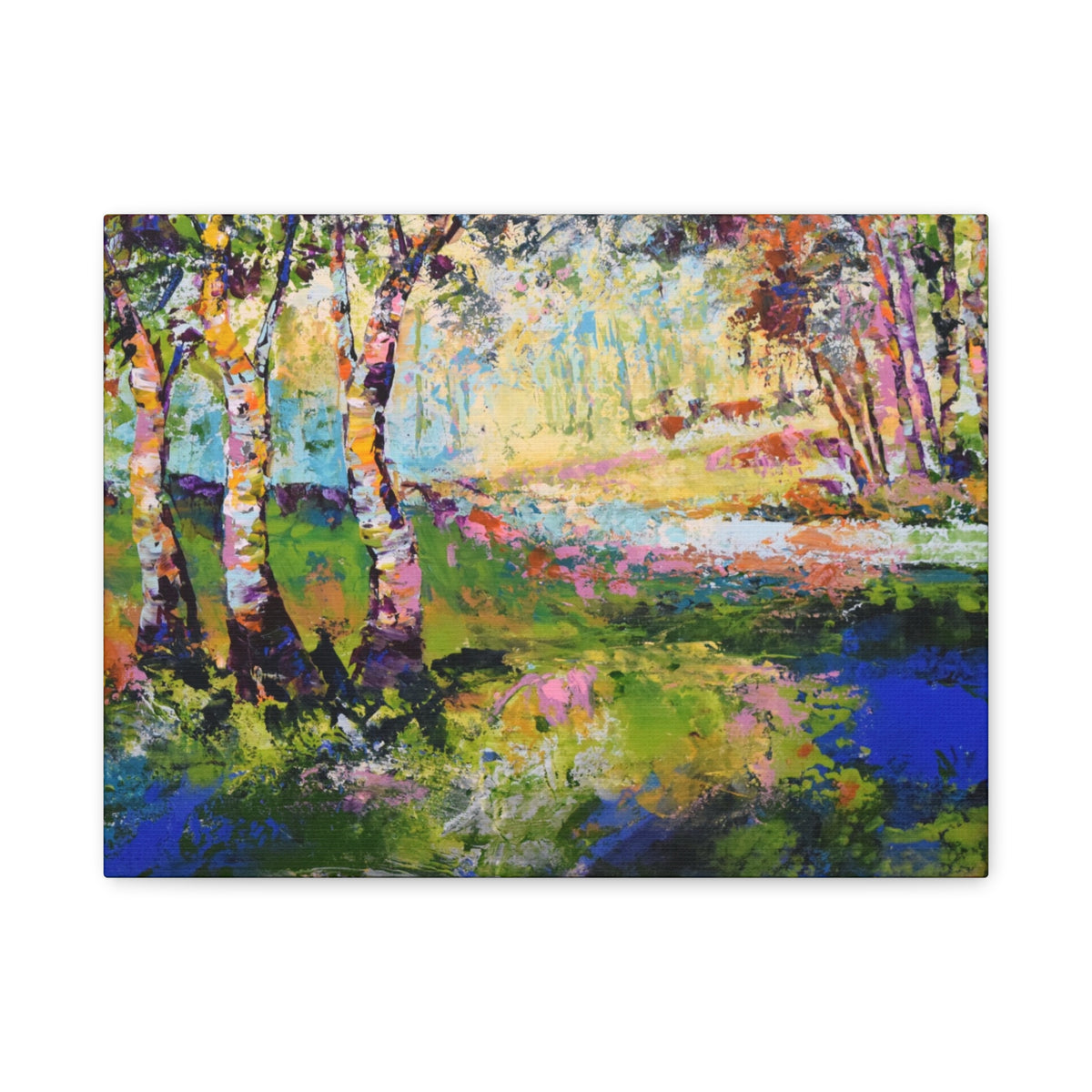 An impressionistic landscape print of a painting of birch trees in a sunlit woodland beside a blue river, rendered with vivid greens, yellows, pinks, purples, and blues on a white background.