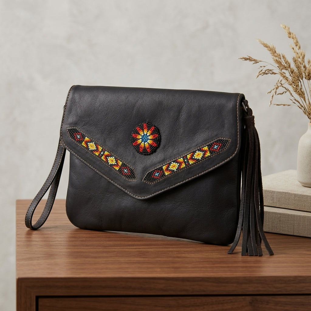 Black leather clutch bag with a flap closure, colorful geometric beadwork, a central starburst embellishment, and a tassel strap, displayed on a wooden table with a neutral background.