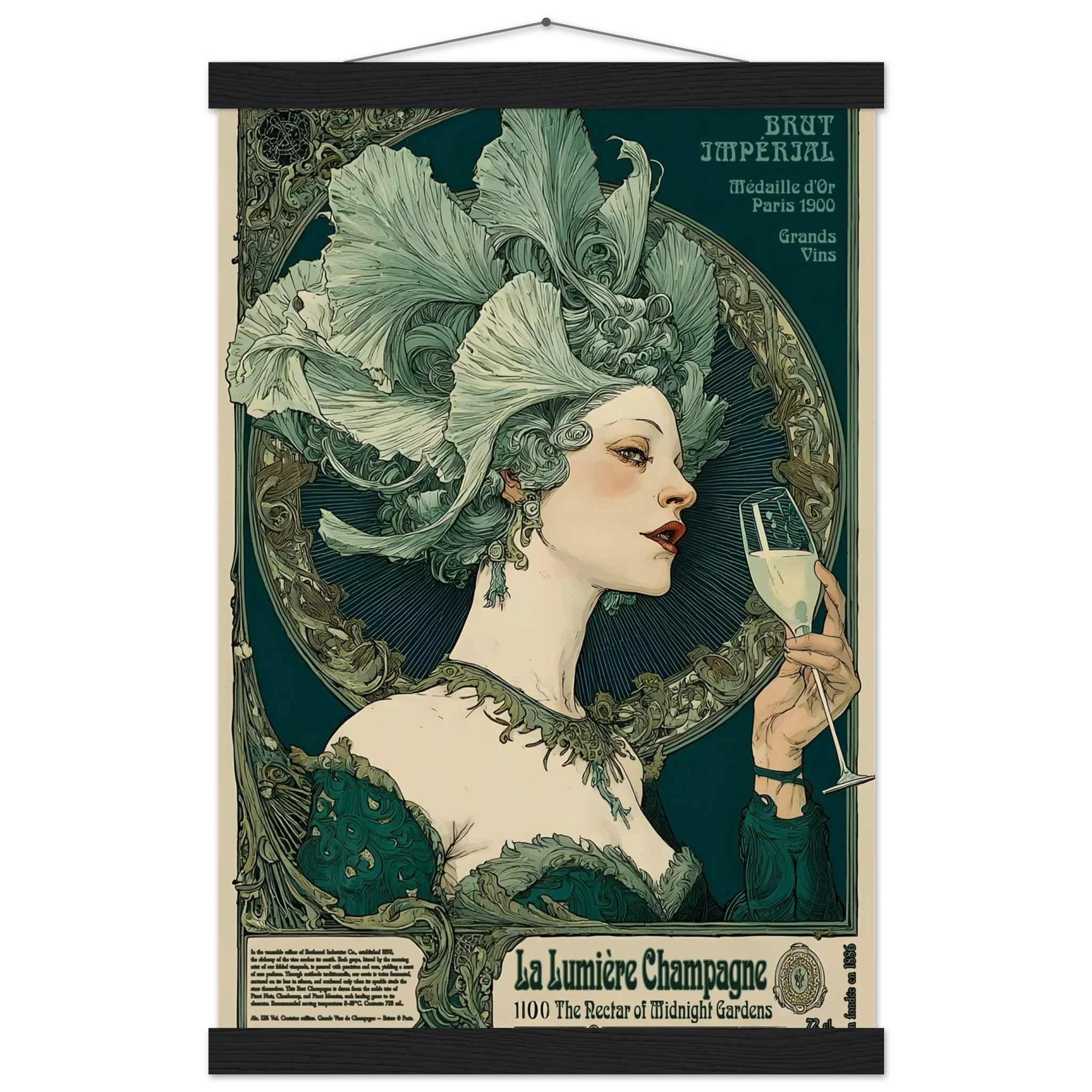 Vintage-style poster of a woman with an elaborate headpiece holding a champagne glass, framed as a hanging print.