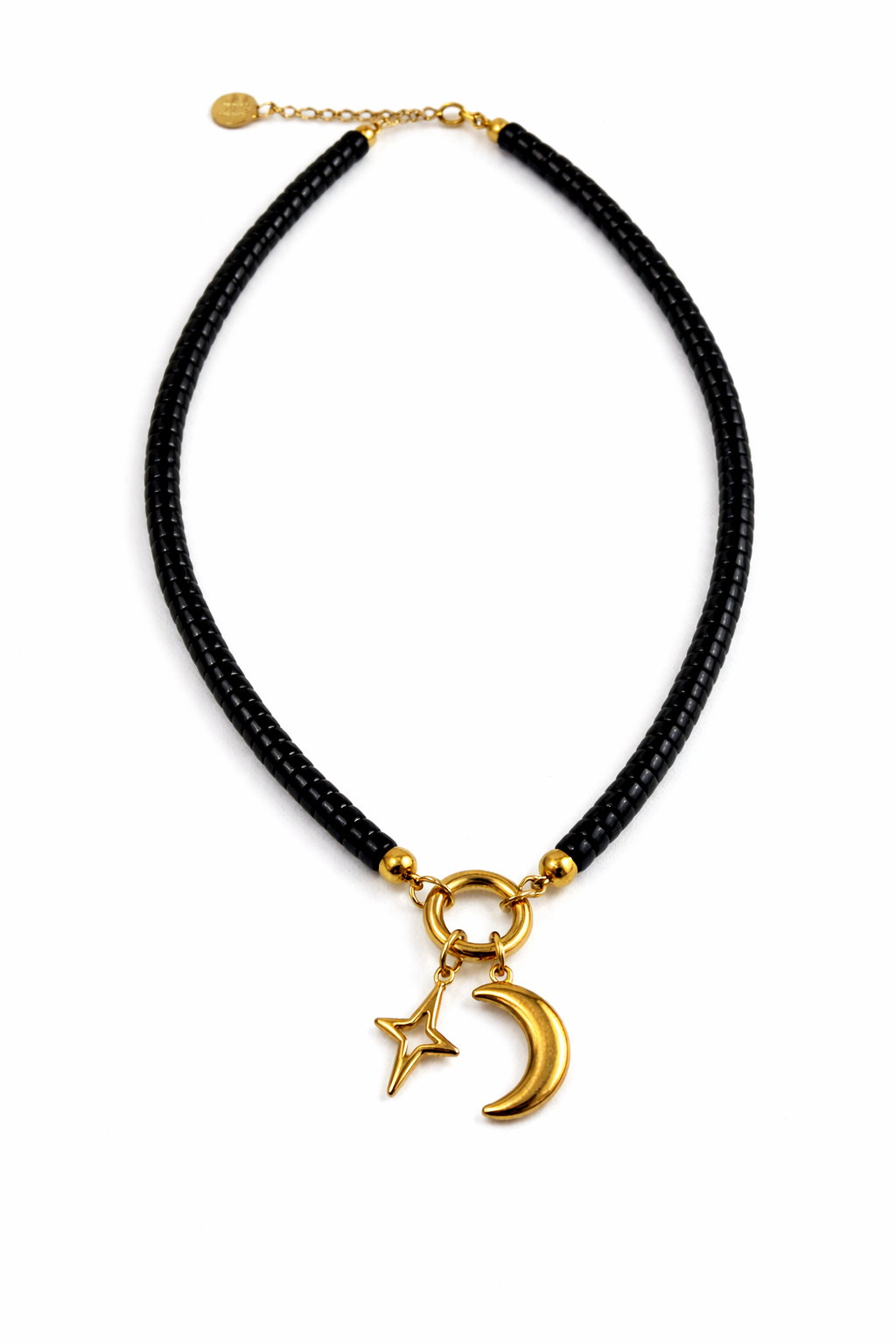 Moonrise Necklace - Onyx necklace with gold moon and star pendant on a white background by Six N Stones