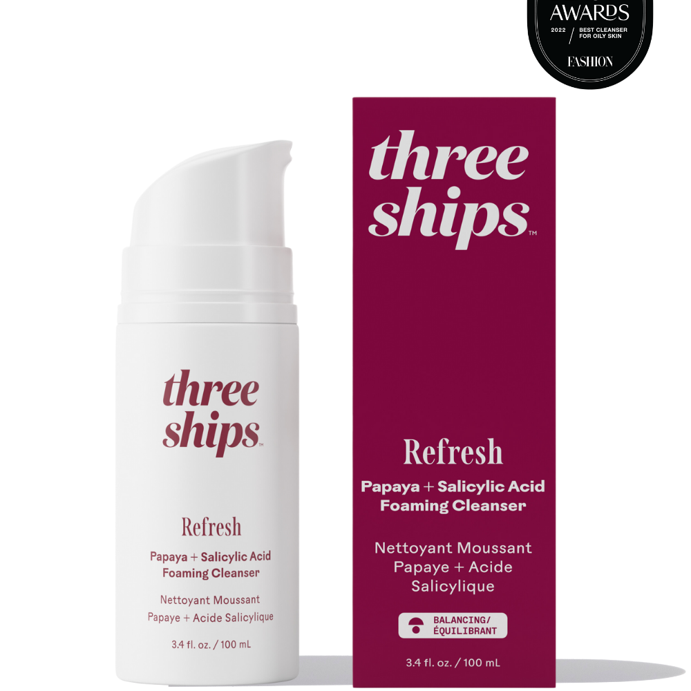 Refresh Papaya and Salicylic Acid Foaming Cleanser by Three Ships, showcasing packaging and pump bottle.