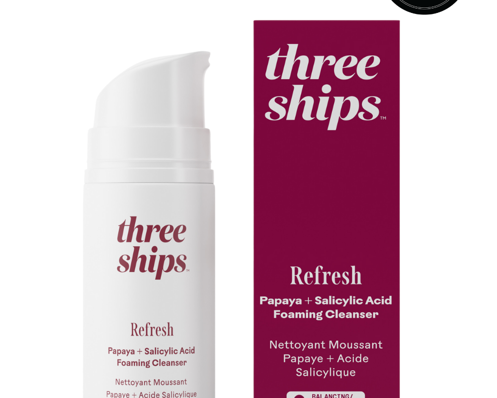 Refresh Papaya and Salicylic Acid Foaming Cleanser by Three Ships, showcasing packaging and pump bottle.