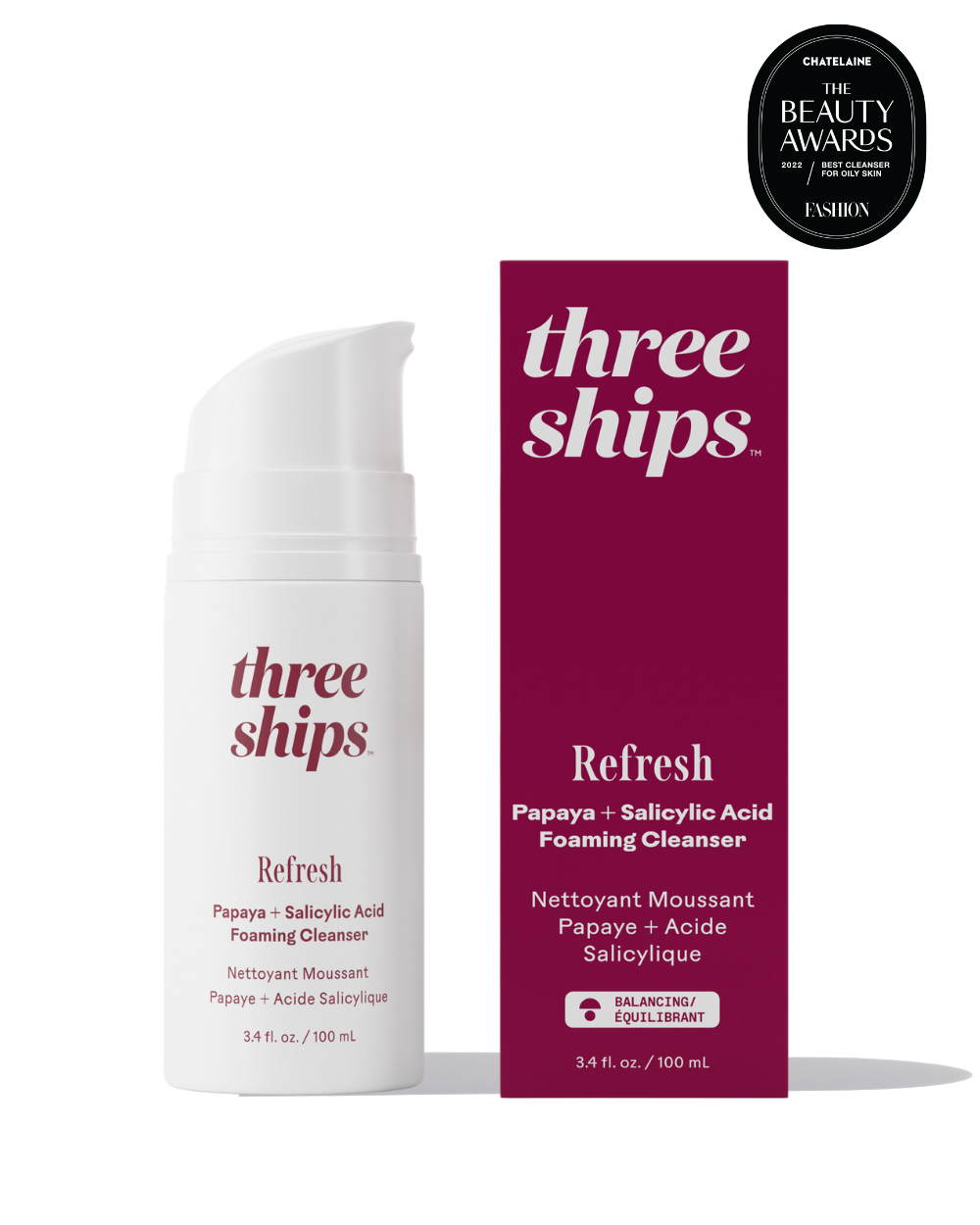 Refresh Papaya and Salicylic Acid Foaming Cleanser by Three Ships, showcasing packaging and pump bottle.