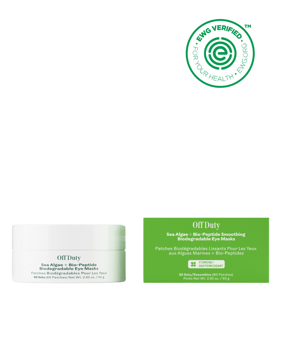 Off Duty Sea Algae + Bio-Peptide biodegradable eye masks in eco-friendly packaging, EWG verified for health.