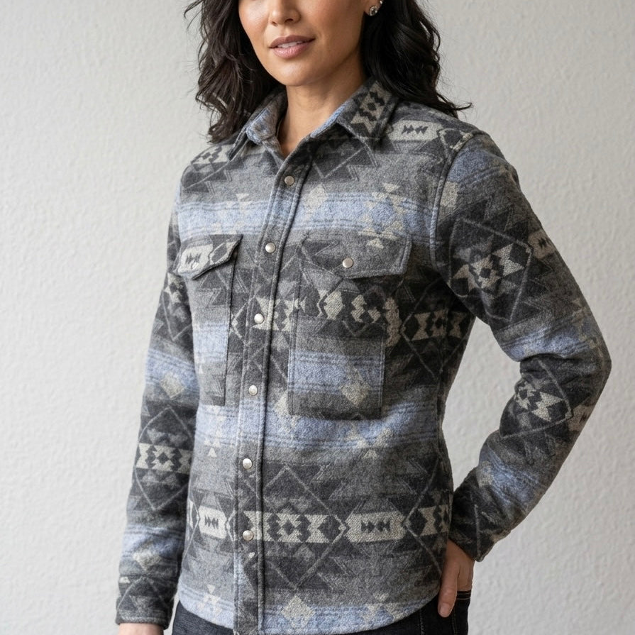 Old Tribes Grey & Blue Grand Canyon Jacket – Unisex Wool Blend – Detail View