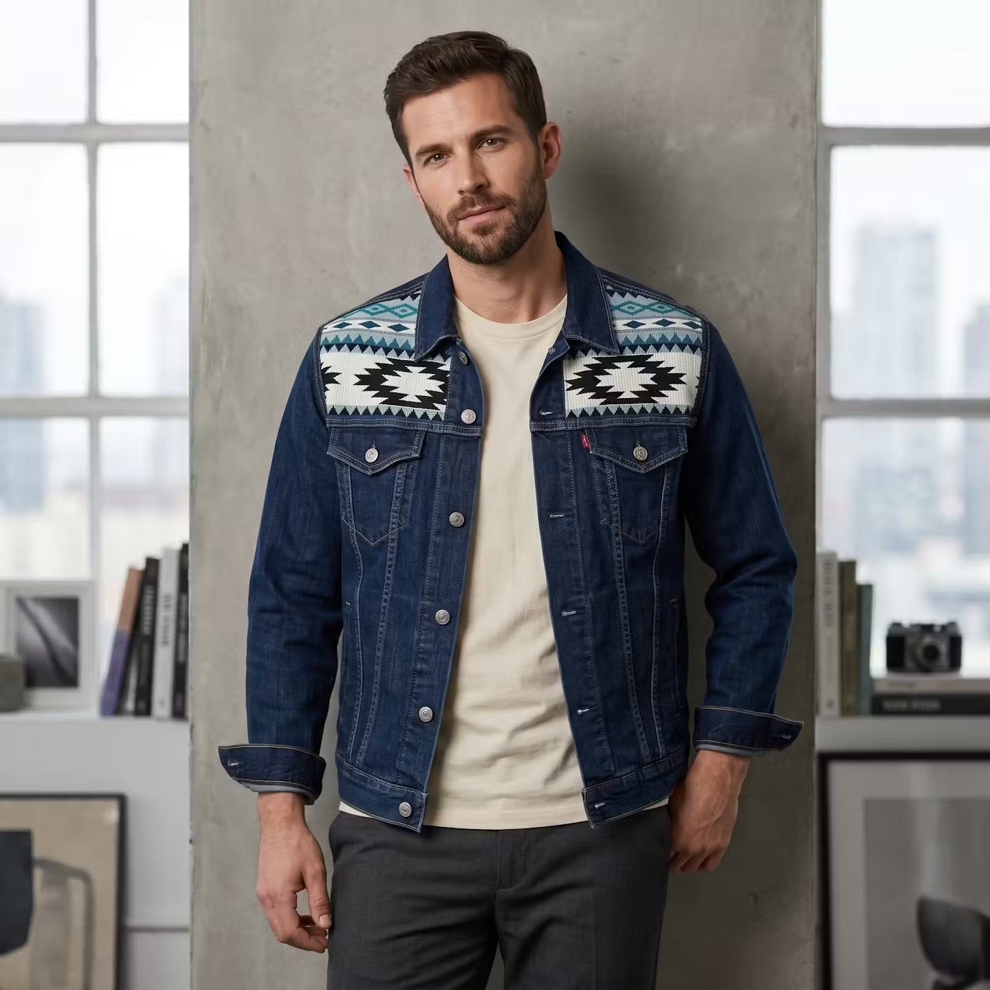 Man wearing a denim jacket with a patterned front panel indoors.