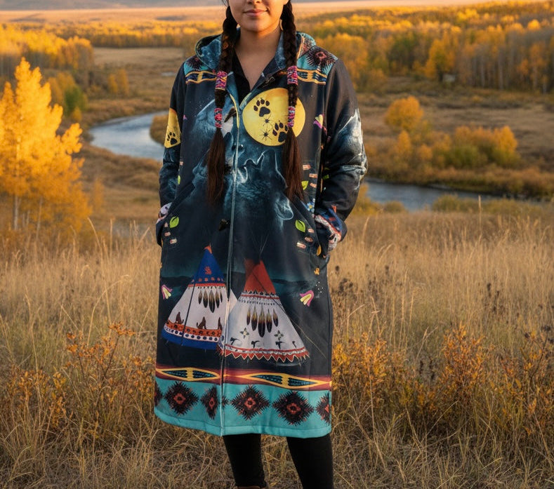 OldTribes Eternal Wolf Long Coat – Unisex Indigenous Pattern – Full Length