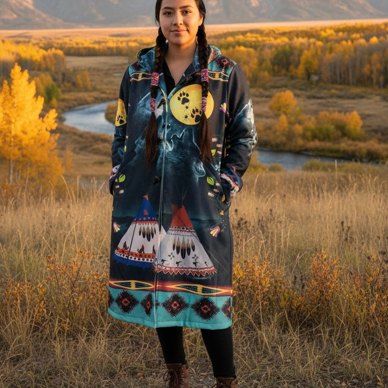OldTribes Eternal Wolf Long Coat – Unisex Indigenous Pattern – Full Length