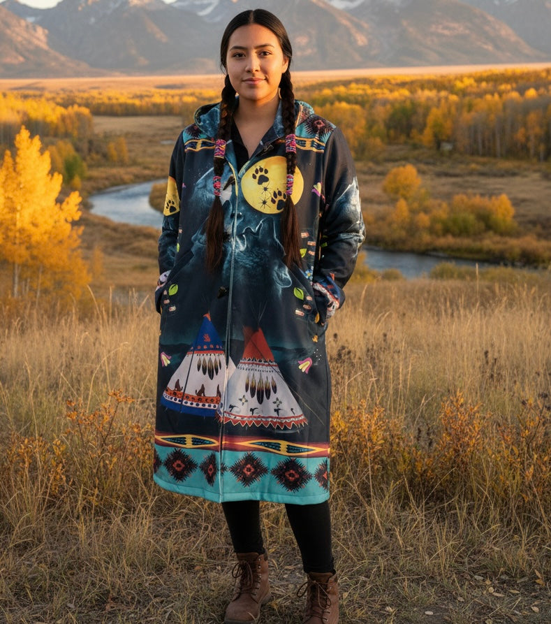 OldTribes Eternal Wolf Long Coat – Unisex Indigenous Pattern – Full Length