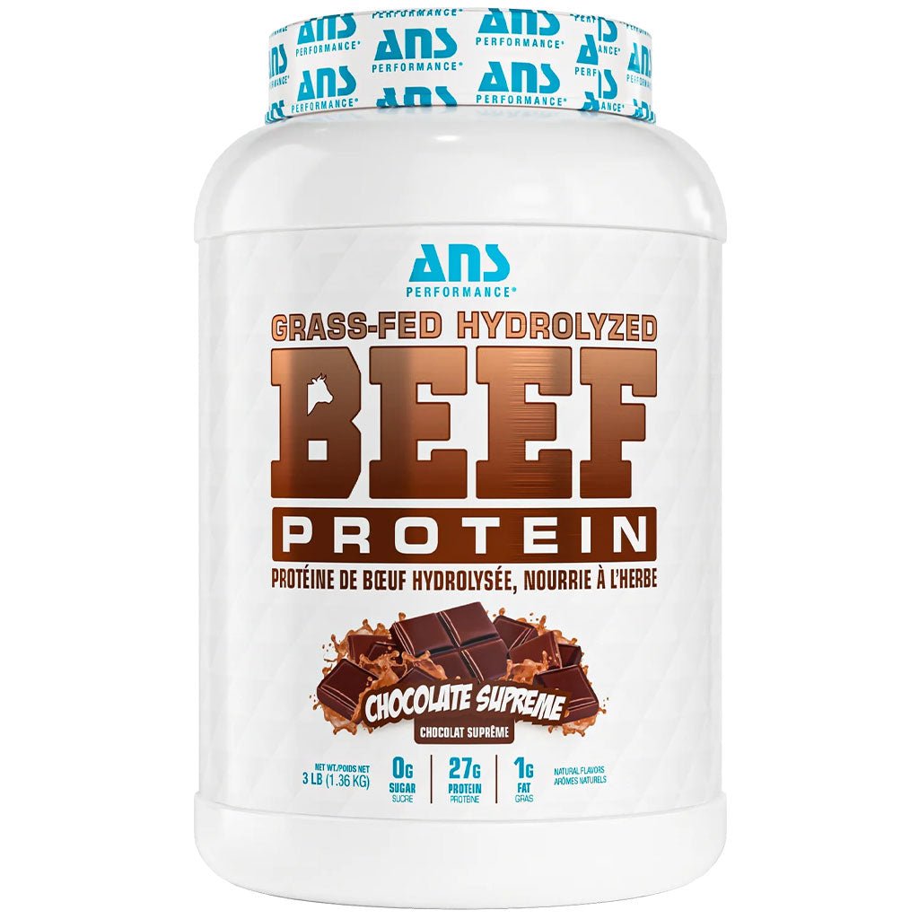 SupplementSource.ca ANS Performance Grass-Fed Hydrolyzed Beef Protein in Chocolate Supreme flavor on a white background