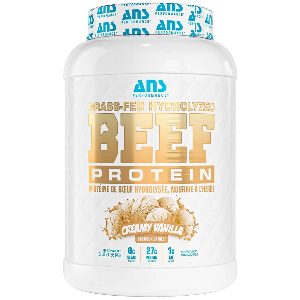 SupplementSource.ca  3 lb tub of AND Performance Beef Protein in Creamy Vanilla flavor, featuring a white container with gold and blue lettering and a matching blue and white seal on the lid.