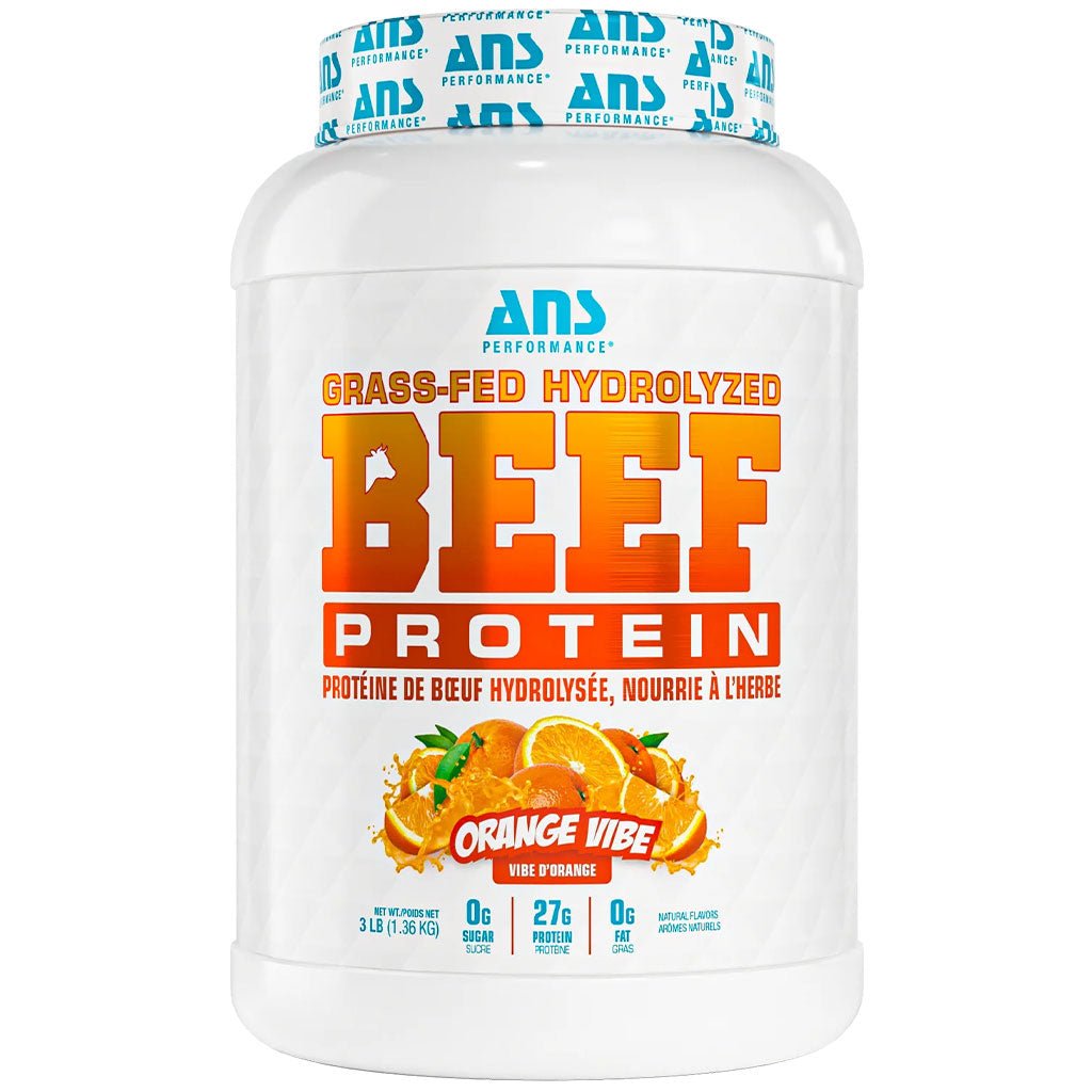 ANS Performance Beef Protein powder in Orange Vite flavor, featuring a white lid with blue branding and a label with orange and blue text and graphics.