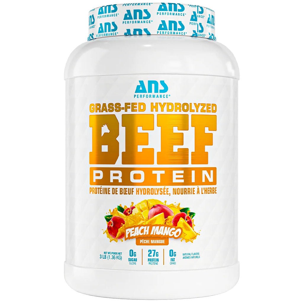 ANS Performance Grass-Fed Hydrolyzed Beef Protein Peach Mango flavor on a white background