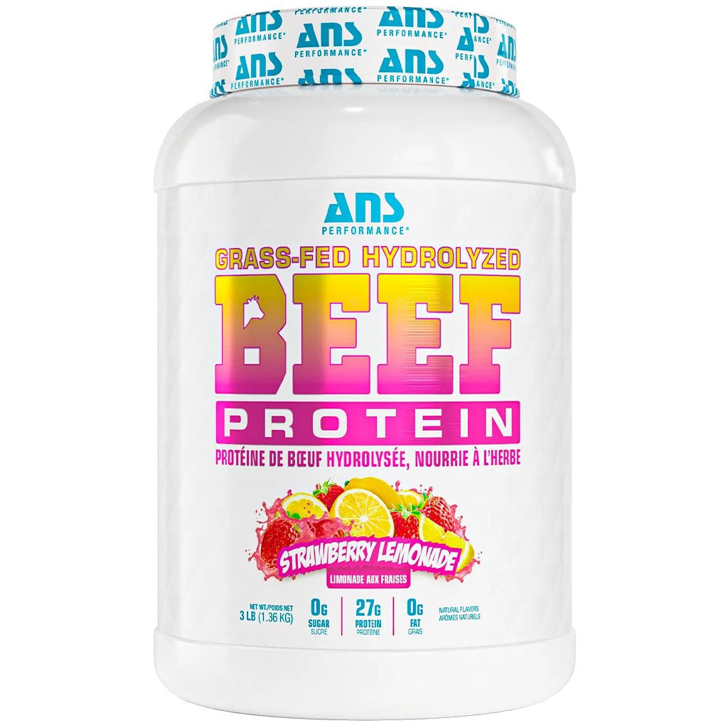 ANS Performance Beef Protein powder in Strawberry Lemonade flavor, featuring a colorful gradient 'BEEF' logo and a blue and white patterned cap.