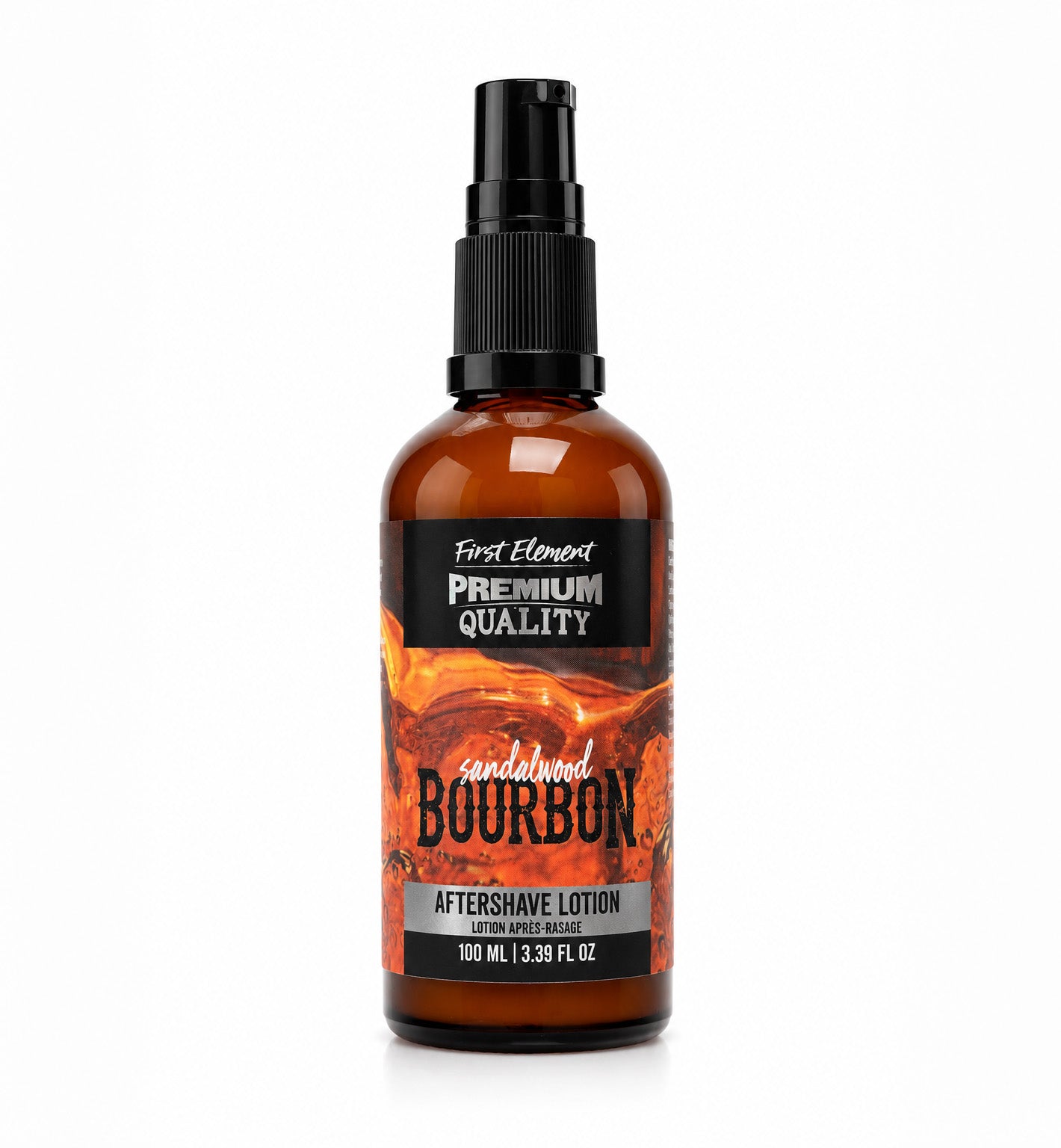 Bottle of bourbon-themed aftershave lotion on a white background