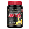 A black plastic tub of Allmax IsoFlex Pure Whey Protein Isolate in banana flavor, featuring a bright red cap and a black label with red and white text.