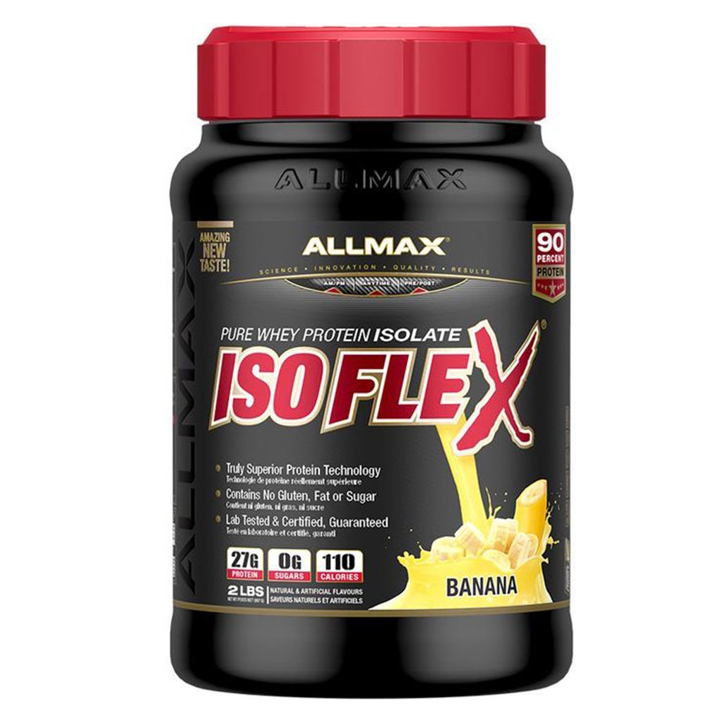 A black plastic tub of Allmax IsoFlex Pure Whey Protein Isolate in banana flavor, featuring a bright red cap and a black label with red and white text.