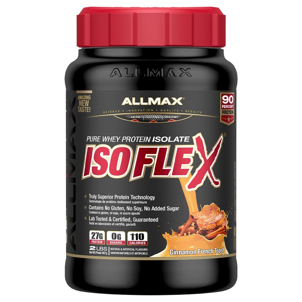 A black plastic tub of Allmax Pure Whey Protein Isolate IsoFlex in Cinnamon French Toast flavor, featuring a bright red ribbed cap and a black label with red and white text.