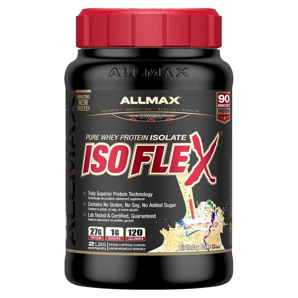 A black plastic tub of Allmax ISO Flex Pure Whey Protein Isolate with a red cap, shown on a plain white background.