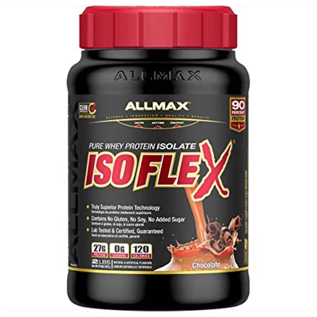 A black plastic tub of Allmax IsoFlex Pure Whey Protein Isolate in Chocolate flavor, featuring a red ribbed cap and a black label with red and gold text.
