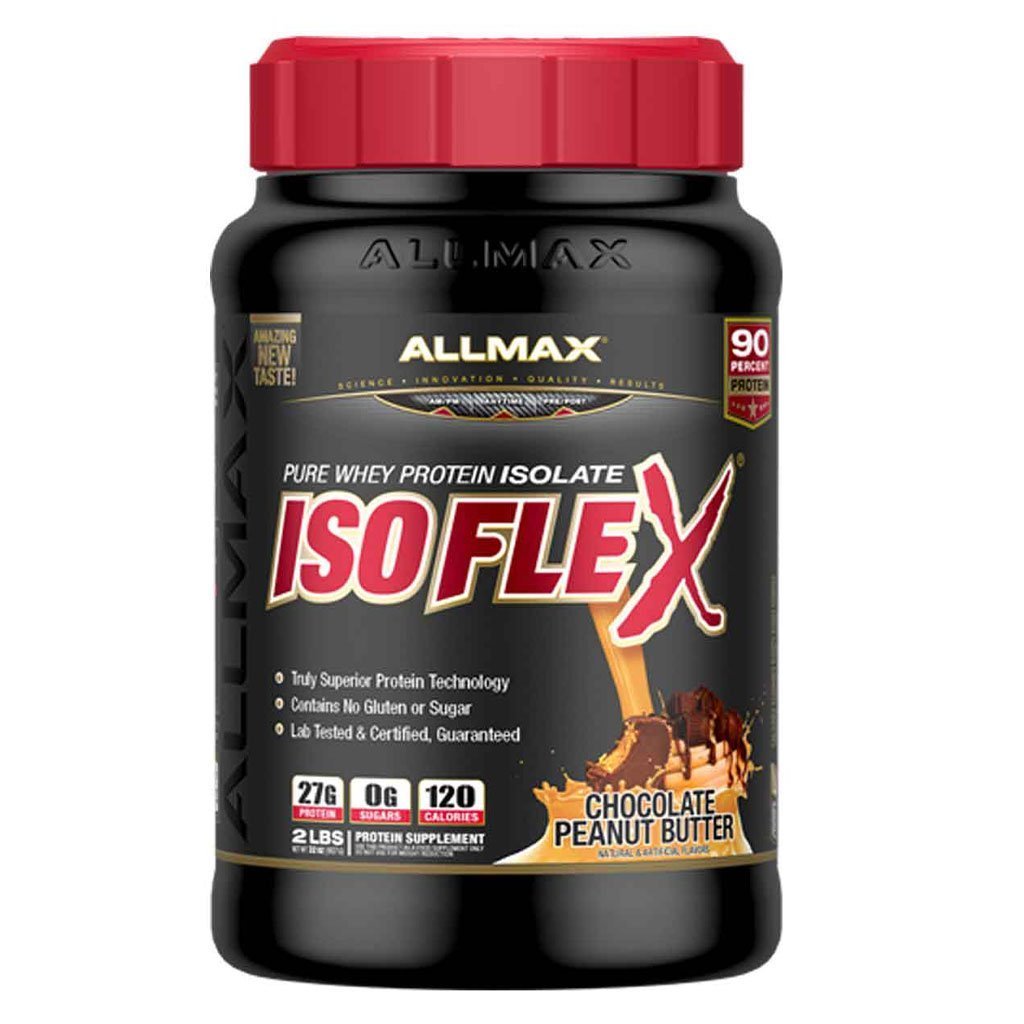 A black plastic tub of Allmax IsoFlex Pure Whey Protein Isolate in Chocolate Peanut Butter flavor, featuring a bright red ribbed cap and a black label with red and white text.
