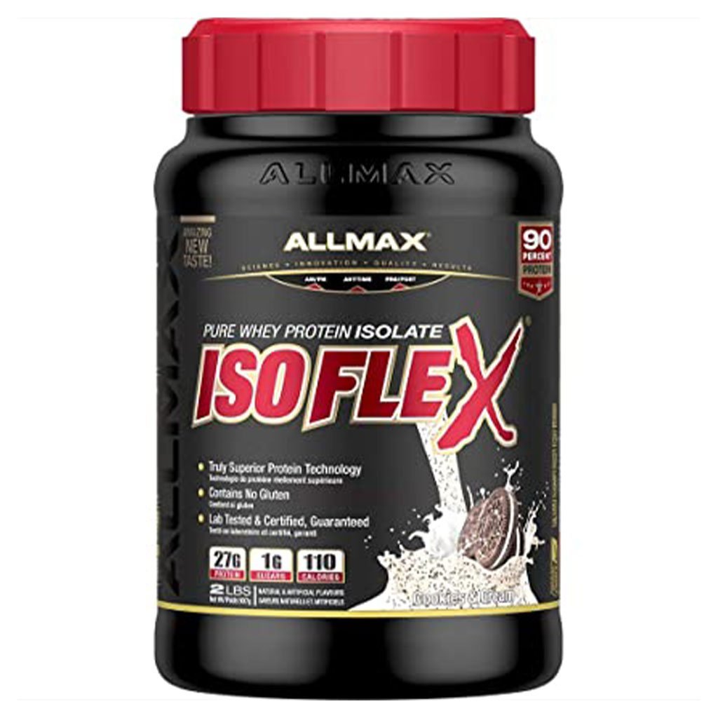 A black plastic tub of Allmax IsoFlex Pure Whey Protein Isolate with a red cap, shown on a plain white background.