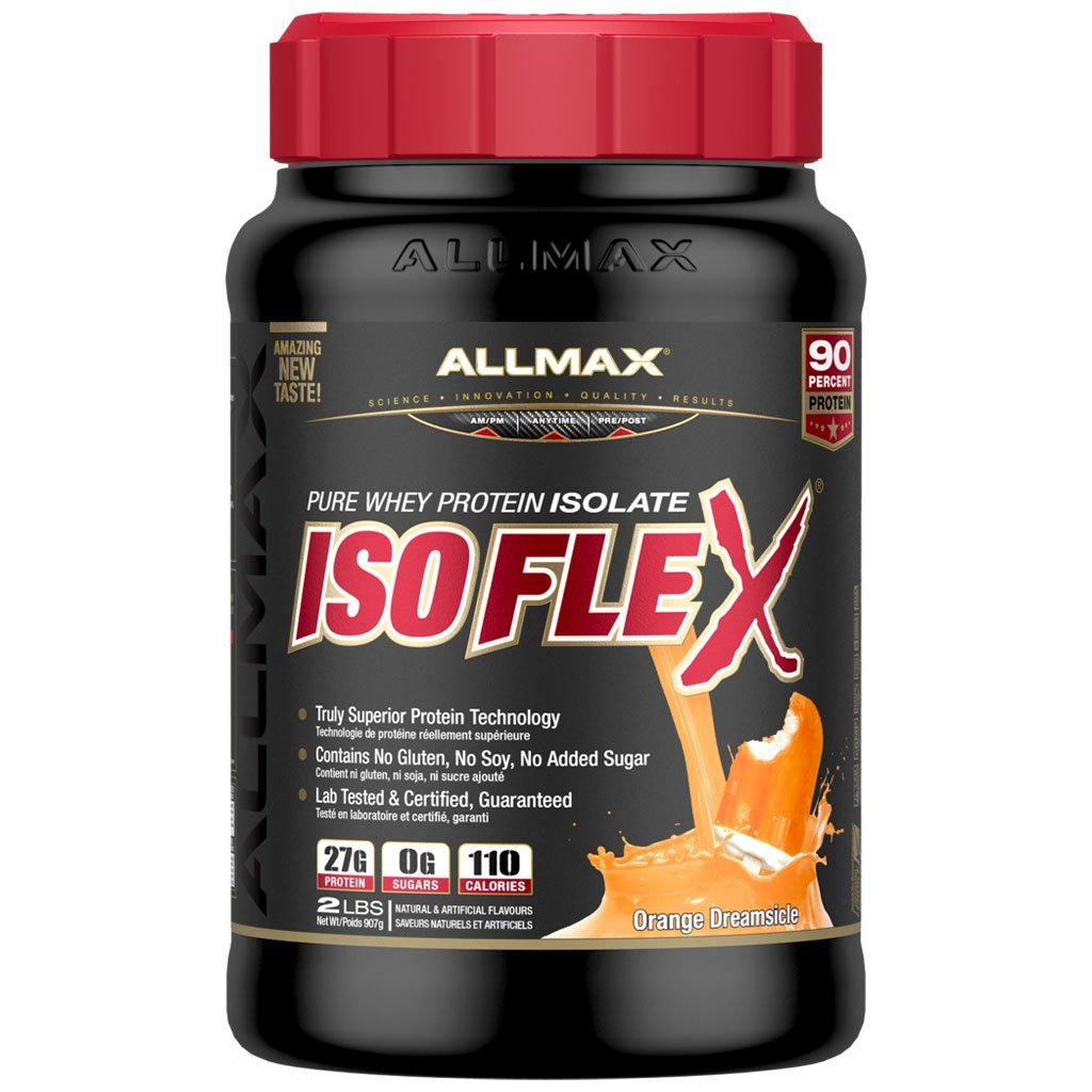 A black plastic tub of Allmax IsoFlex Pure Whey Protein Isolate in Orange Dream flavor, featuring a bright red ribbed cap and a black label with red and white text.
