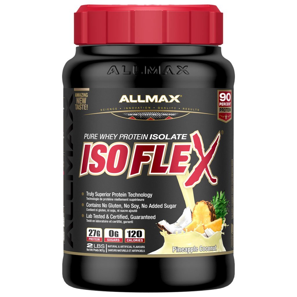 A black plastic tub of Allmax IsoFlex Pure Whey Protein Isolate in Pineapple Cream flavor, featuring a red ribbed cap and a black label with red and white text.