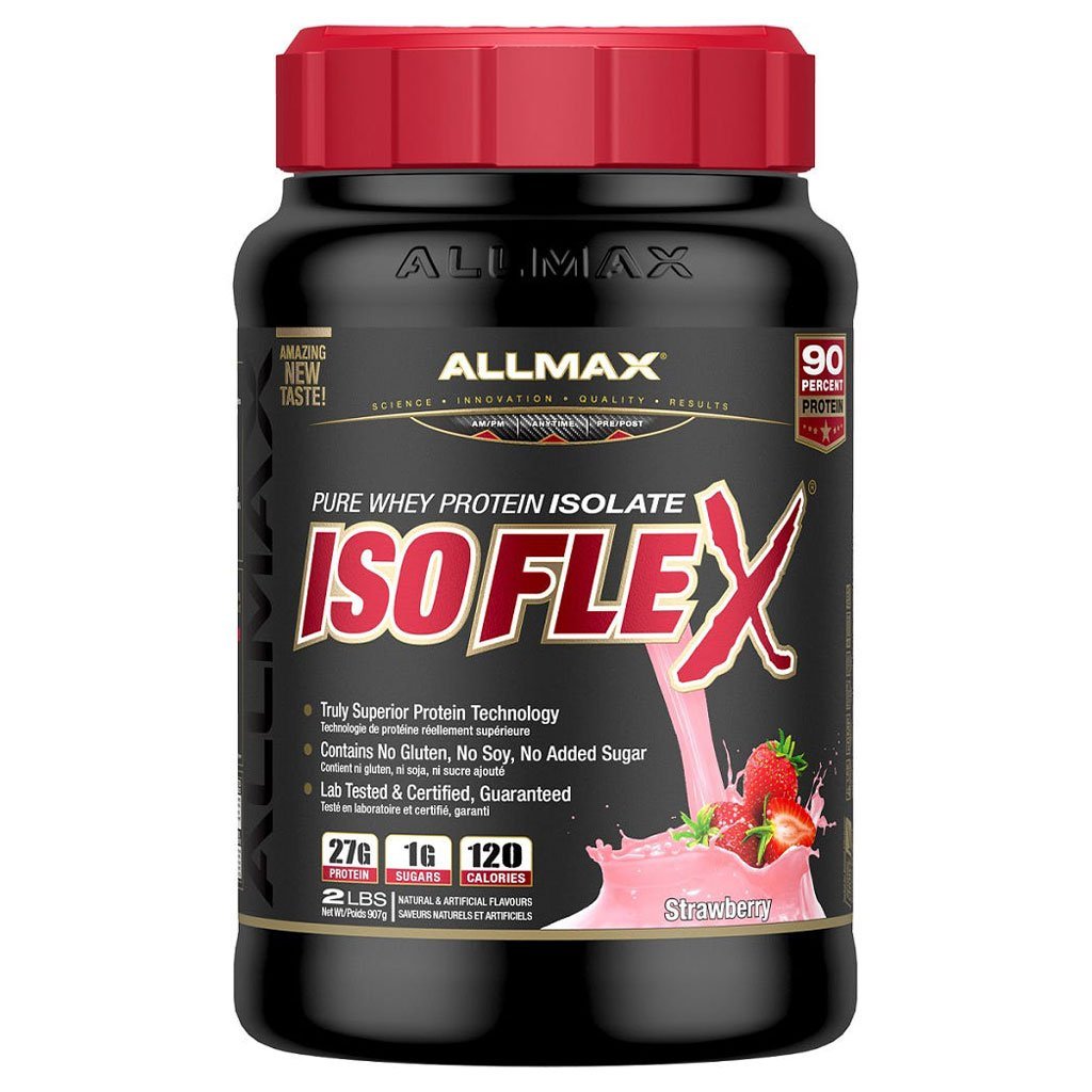 A black tub of Allmax IsoFlex Pure Whey Protein Isolate in Strawberry flavor, featuring a red cap and a black label with red and white text.